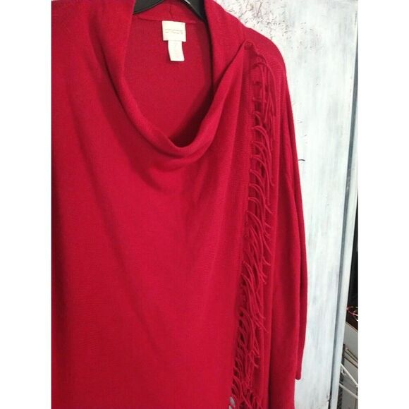 Chico's Boho Fringed Cowl Neck Long Sleeve Top Size 2 Red - Picture 6 of 10